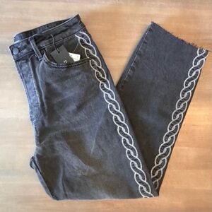 Driftwood ‘Royce’ Gray Distressed Embroidery Side Raw Hem Jeans, Sz 28x27, NWT